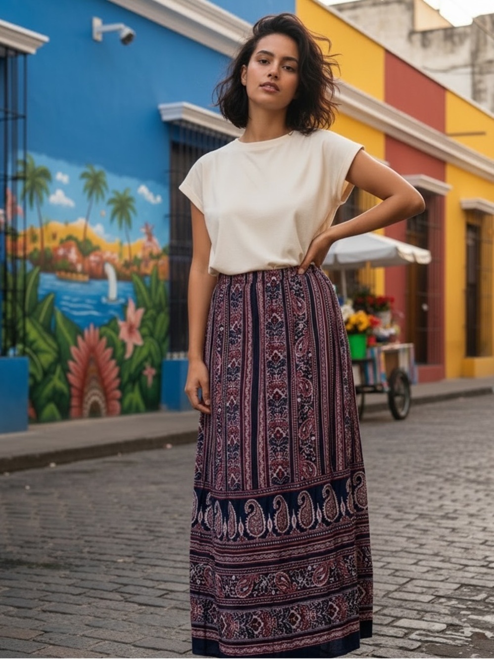 CB navy red paisley and striped maxi skirt l